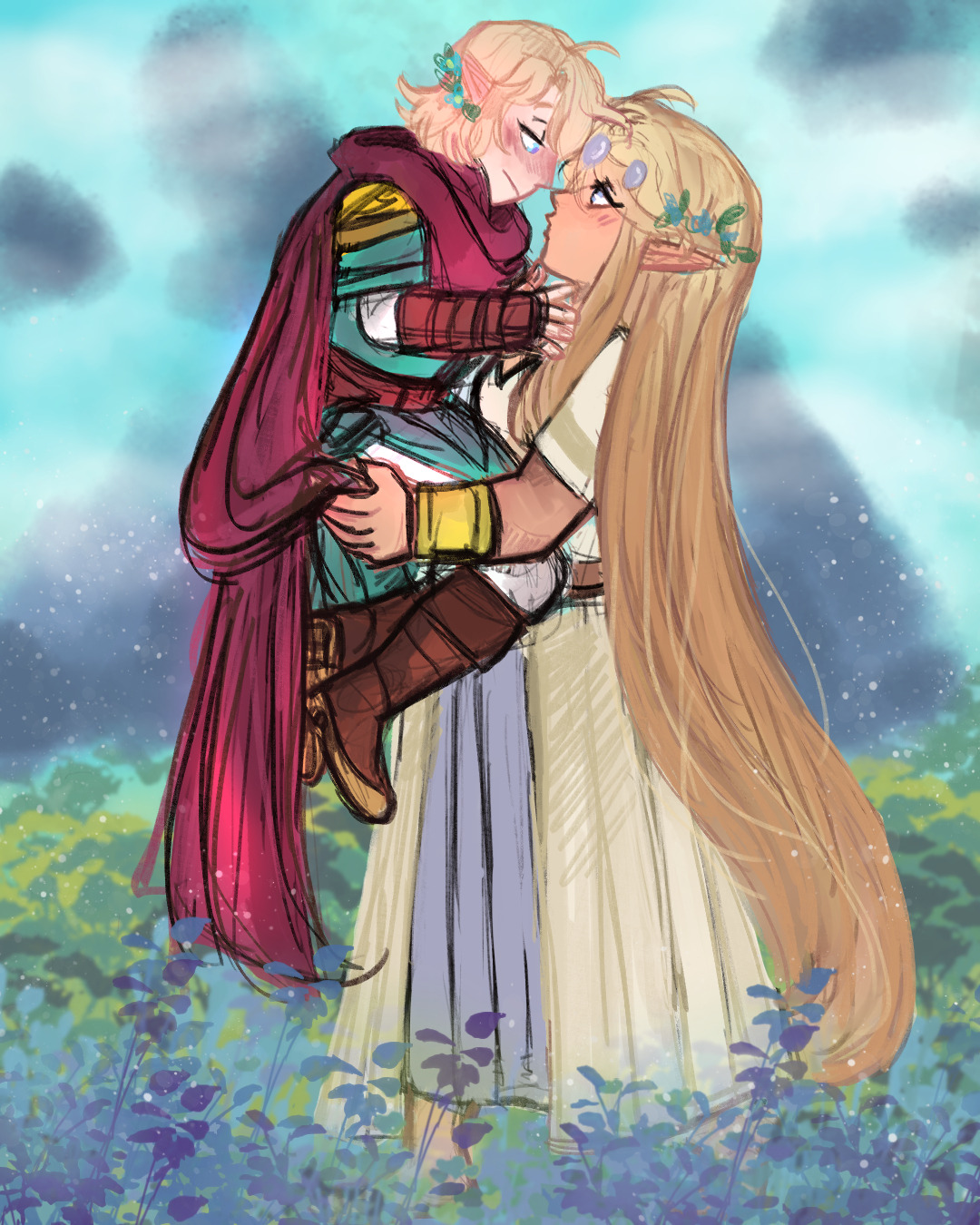 Hylia lifting up First in a field of flowers.