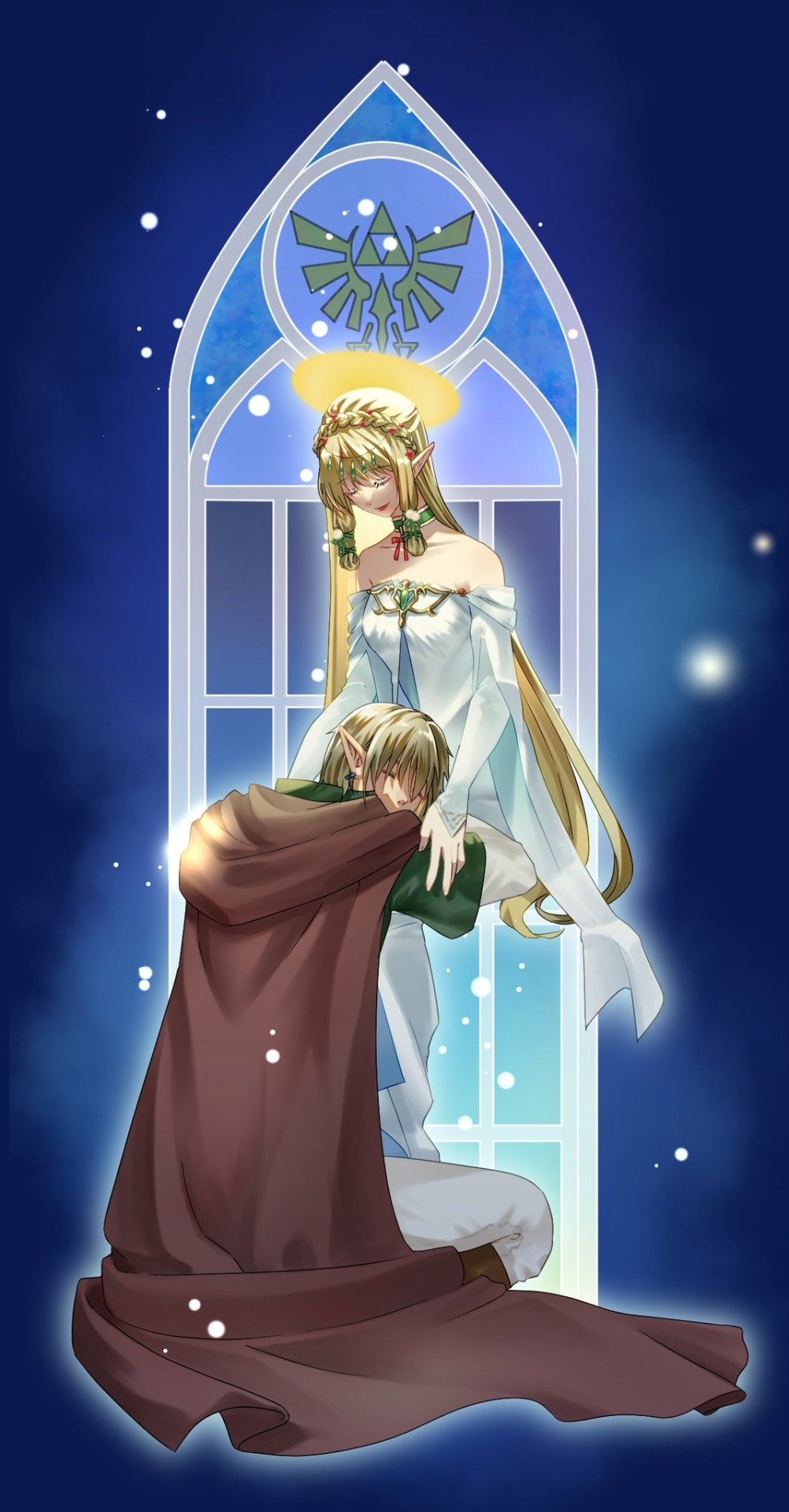 First resting his head on Hylia's lap in front of a stained glass window. Hylia has a halo of gold.