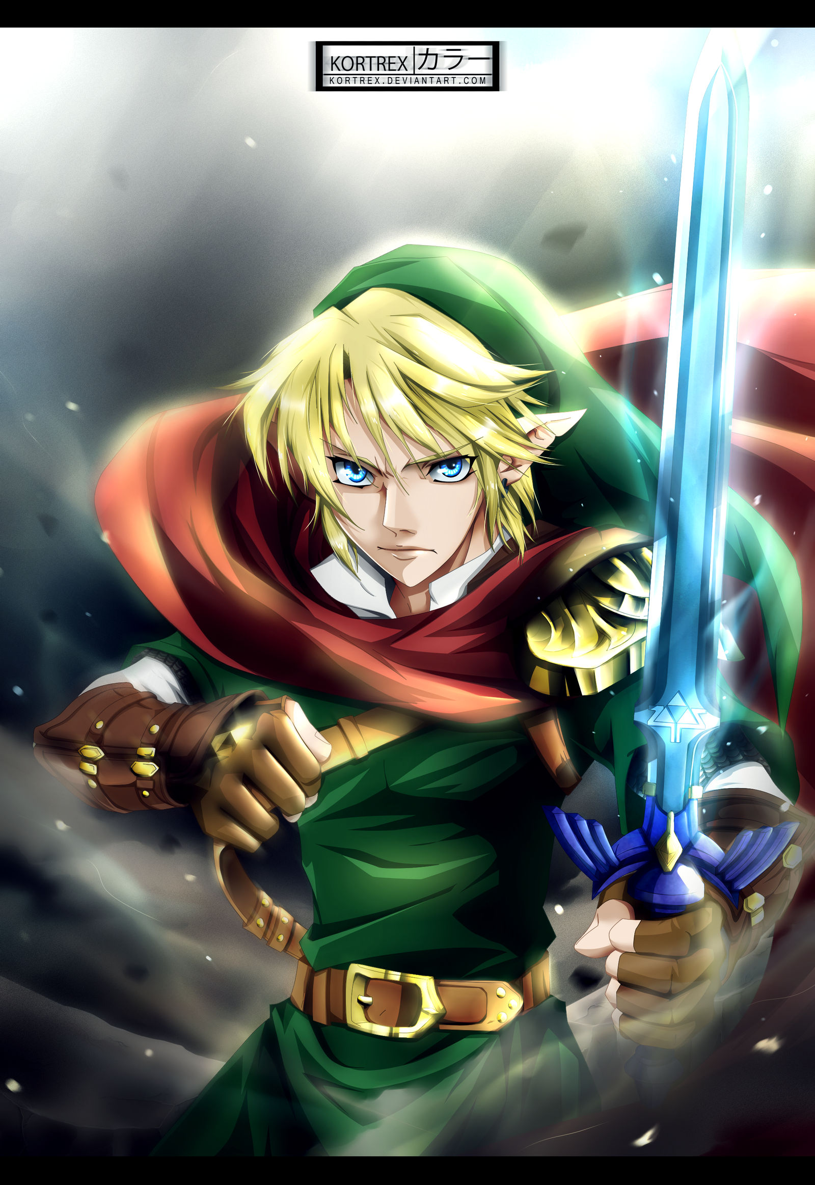 A coloring of a manga panel. The first hero holding the Master Sword.