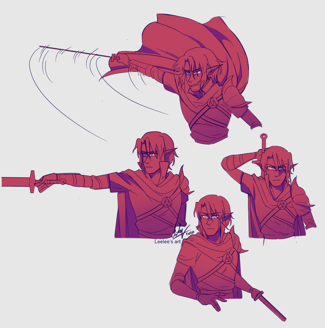 Four drawings of First in various poses from the waist-up.
