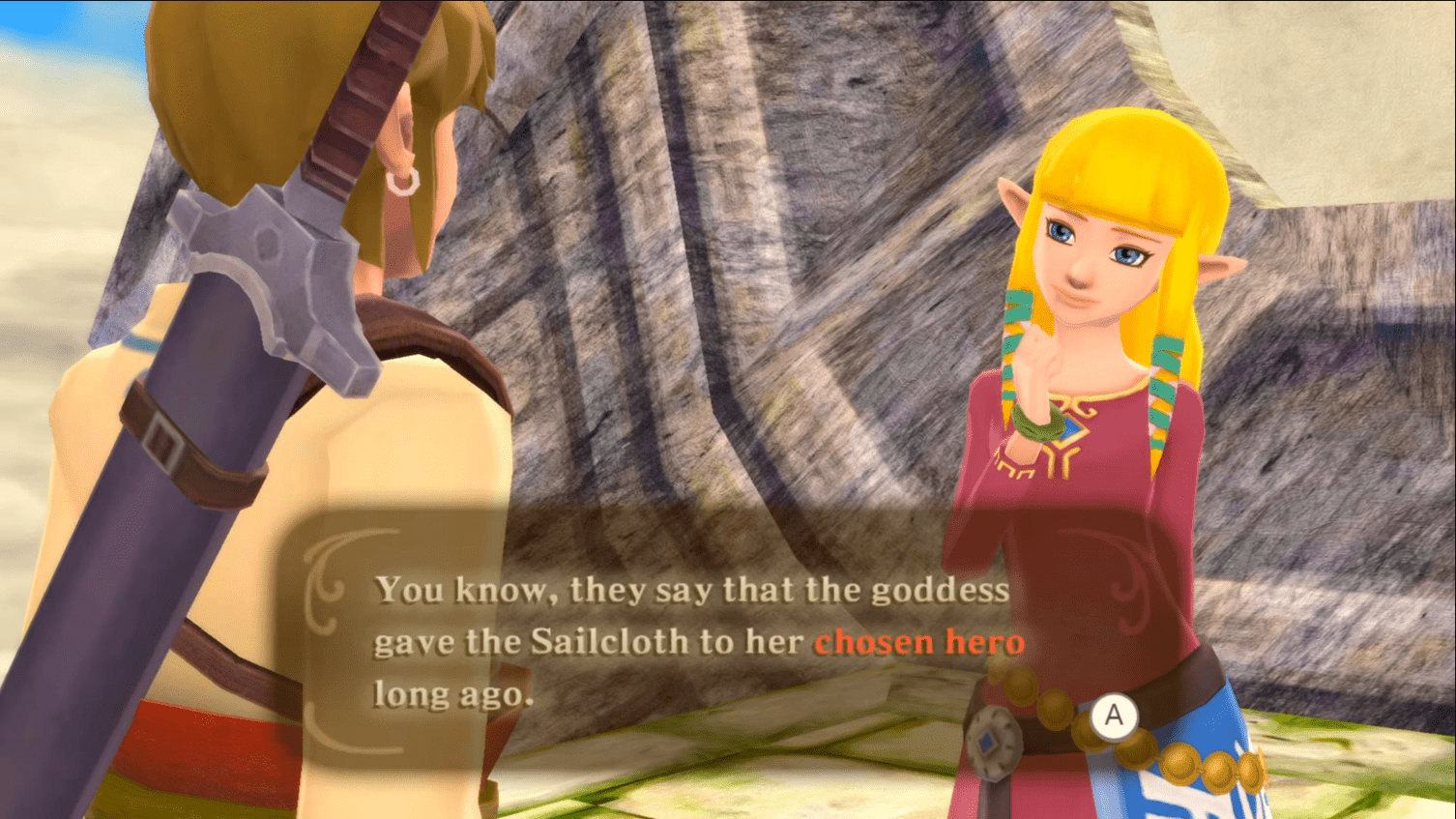 Screenshot from Skyward Sword. You know, they say that the goddess gave the Sailcloth to her chosen hero long ago.