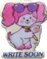 A pink puppy holding a pencil, text beneath it saying Write Soon.